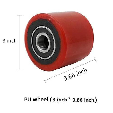 Pallet Jack Roller Wheels With Bearing, 3 Inch By 3 Point 7 Inch, 95A Red Polyurethane, Heavy Duty Replacement Pair For Manual Pallet Jack