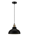 Black Industrial Metal Pendant Light, E26 Curvy Adjustable Ceiling Fixture with curved black shade and brass holder.