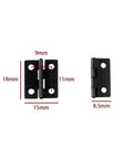 Mini Black Cabinet Hinges With Screws 18x15mm Tiny Hinges For Jewelry Boxes Dollhouses Tiny Furniture Dope DIY Crafts And Small Cabinets Durable Iron Hardware 50Pcs Set For Quick Mounts And Easy Project Builds, displayed in open and side view showing measurements.