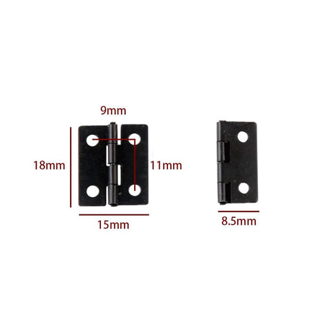 Mini Black Cabinet Hinges With Screws 18x15mm Tiny Hinges For Jewelry Boxes Dollhouses Tiny Furniture Dope DIY Crafts And Small Cabinets Durable Iron Hardware 50Pcs Set For Quick Mounts And Easy Project Builds, displayed in open and side view showing measurements.