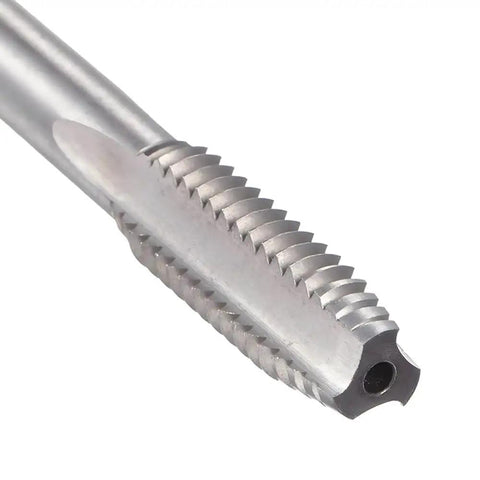 Close-up of straight flute tap from Two Piece 5/16-18 UNC Tap And Die Set with High Speed Steel and Alloy Steel for threading metal