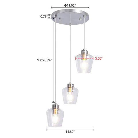 Three Light Pendant Lighting With Clear Glass And Adjustable Silver Cord In Brushed Nickel For Kitchen Island Dining Bar