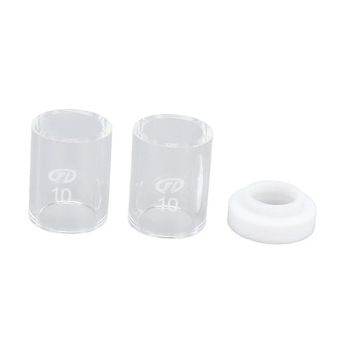 Glass cup and ceramic nozzle from Pro Grade Welding Accessory Kit With Glass Gas Lens Set, Ceramic Nozzles, Copper Components, 12 Pieces, 2.4mm Tips For WP17 WP18 WP26 Torch Use, Includes Glass Cup, Ceramic Nozzle, Collet, And Argon Gasket.