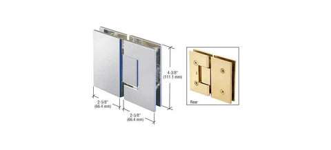Victoria 180 Degree Glass-To-Glass Shower Hinge in Polished Chrome for 3/8 to 1/2 inch tempered glass, front and rear view