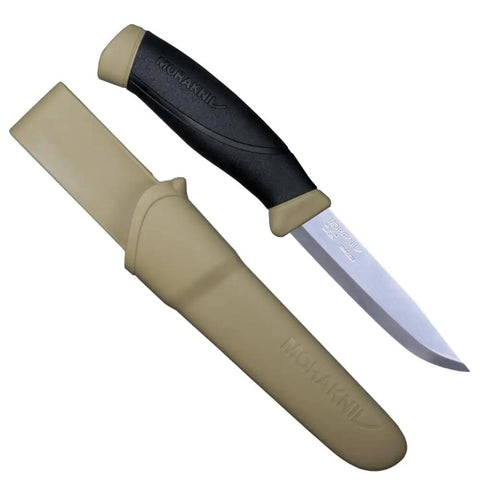 Desert Tan Fixed Blade Outdoor Knife With 4.1 Inch Stainless Steel Blade For Camping Hiking Bushcraft And Survival, shown with sheath