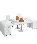 Top Shelf Four Person Office Workstation With Privacy Screens Slick Rolling Storage Cabinet Built Tough Frame Rounded Safety Edges Plus Storage Drawers That Glide Like Butter For Your Ultimate Boss Level Workspace Vibe with four chairs and privacy screens.