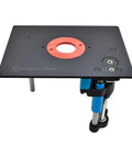 Smooth As A Dream Universal Base Mount Router Lift Featuring Hella Precise Above Table Bit Height Adjustment and Rock Solid Friction Lock for Easy Rerouting Gigs Without Bending Over On Your Back, showing router lift base with red insert.