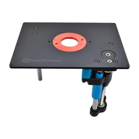 Smooth As A Dream Universal Base Mount Router Lift Featuring Hella Precise Above Table Bit Height Adjustment and Rock Solid Friction Lock for Easy Rerouting Gigs Without Bending Over On Your Back, showing router lift base with red insert.