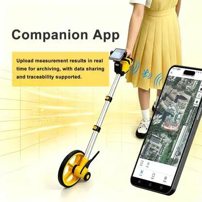 Solid Setup Smart Measuring Wheel With Bluetooth App Mapping And Backlit Lcd Screen For No Stress High Precision Survey Work And Snazzy Cad File Export Options with Companion App on smartphone.