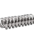 Front view of 10-pack SAE 12 stainless steel worm-gear hose clamps, 1/2 in band width, 17–32 mm range