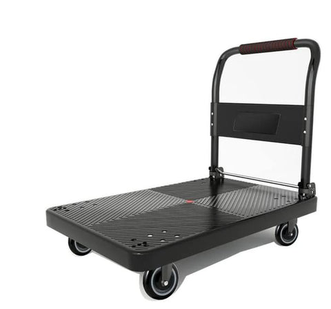 Heavy Duty Shopping Cart Wheels Set Five Inch Diameter One Point Two Five Inch Width Three Eighths Bore Polyurethane Wheel With Rust Resistant Core 1400 Pound Total Load Capacity Four Pack Black And Grey installed on platform cart