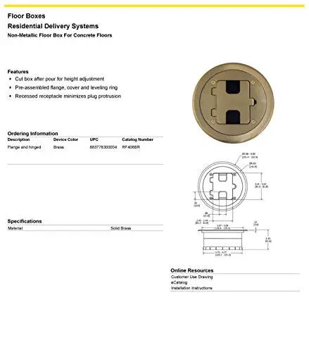 Preassembled Flange Cover And Leveling Ring For Floor Boxes Poured In Concrete With 15A 125V Outlet Included Brass Fits RF400 Floor Box