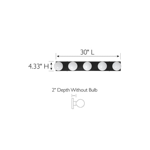 Diagram of Matte Black Five Light Vanity Fixture Dimmable Bathroom Vanity Light For Makeup Area Dope Sleek Modern Horizontal Or Vertical Mount