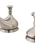 Heritage Widespread Lavatory Faucet With Porcelain Lever Handle In Brushed Nickel Deck Mount 8 To 16 Inch Widespread Three Hole Installation Drip Free Ceramic Disc Flow One Point Two GPM At Sixty PSI Standard One Half Inch IPS Connection