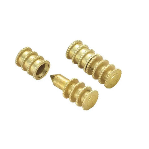 Built Damn Solid Brass Table Leaf Dowel Pins And Bolt Sleeve Connectors Set For Extension Dining Table Hardware Accessories showing three gold pins.