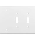 Front view of Three Gang Wall Plate With Two Toggle Holes And One Blank Cover Gloss White Stainless Steel Finish Standard Size 4.50 By 6.38 Inches Corrosion Resistant GFCI Outlet Receptacle Compatible Conceals Unused Switches For A Clean Look.