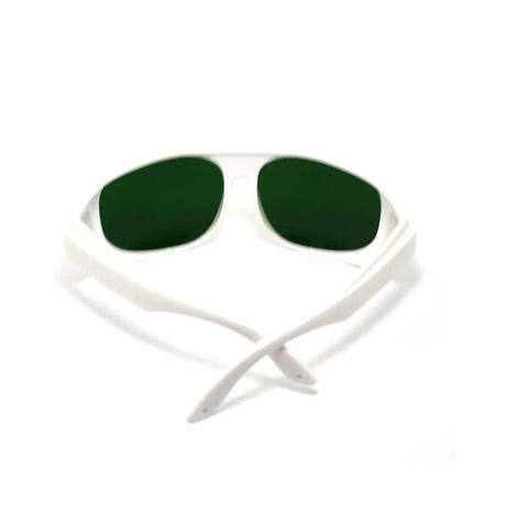Solid Clear Lens Laser Safety Glasses For 660Nm And 800 To 1095Nm With OD5 Blocker straight on view with green lenses.