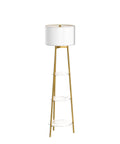 Dope Modern Floor Lamp With Faux Marble Shelves And Fabric Shade in gold, tall standing reading light with storage for decor.