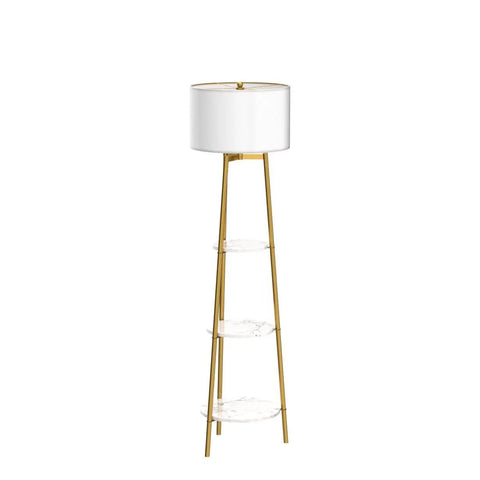 Dope Modern Floor Lamp With Faux Marble Shelves And Fabric Shade in gold, tall standing reading light with storage for decor.