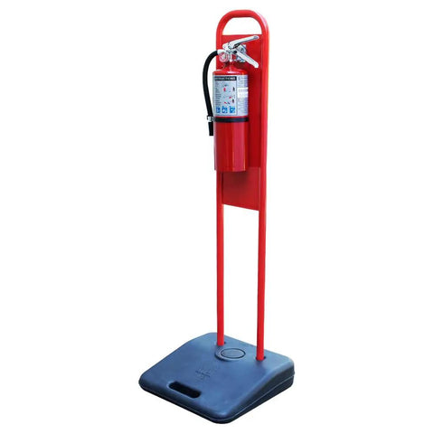 Heavy Duty Fire Extinguisher Stand for 5 10 or 20 LB Canisters Indoor Outdoor with sand weighted base and integrated handle.