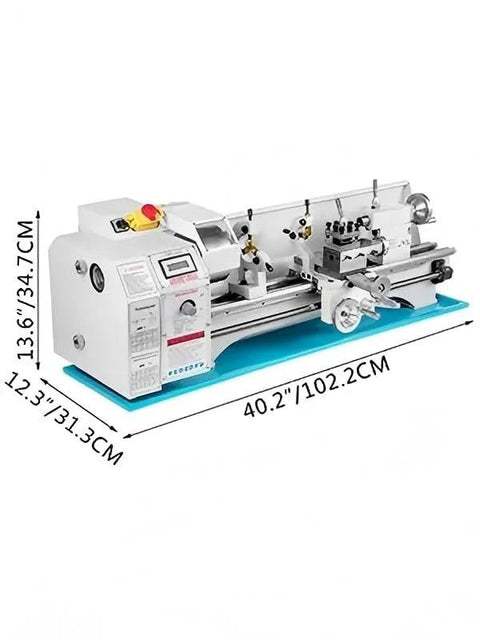 Mini metal lathe by Amazon; white body with blue base, 1100W LED display for turning and drilling.
