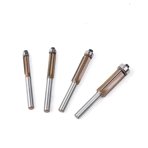 Premium 4 Piece Flush Trim Router Bit Set With Quarter Inch Universal Shank And Solid Carbide Tips for template trimming and clean edges.