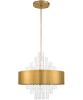 Absolute Flex Eight Light Natural Brass Pendant Chandelier With Sculpted Drum Shade And Dazzling Clear Crystal Rods For Upscale Living Areas That Turn Heads On A Dime, featuring golden shade and clear rods.