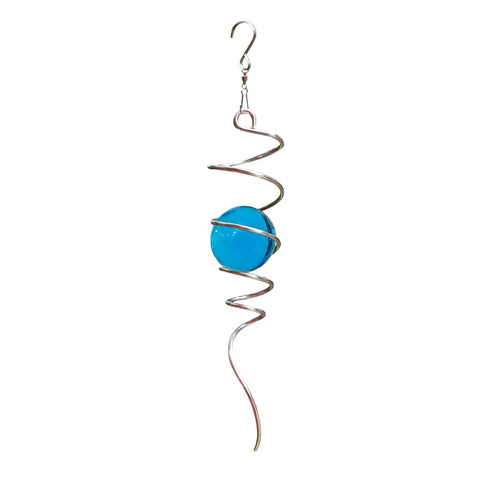 Spinning Gazing Ball With Spiral Tail 11 Inch Tail And 2 Inch Blue Glass Orb Wind Spinner Stabilizer With Swivel Hook Sun Catcher Rainbow Maker For Garden Or Indoor Outdoor Decor 13 Inch Height, blue glass orb and stainless spiral tail