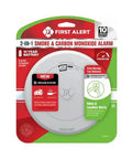 Front view of 10 Year Battery Powered Photoelectric Smoke And Carbon Monoxide Detector in retail packaging with installation details.
