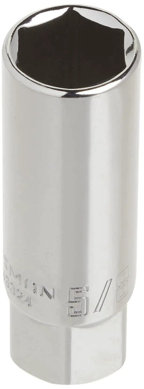 Close-up view of 5/8 Inch Spark Plug Socket For 3/8 Inch Drive, 6 Point With Fastener, chrome finish showing large size markings