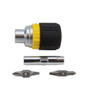 Compact Six In One Stubby Ratcheting Screwdriver With Phillips And Slotted Bits Plus One Quarter Inch And Three Sixteenth Inch Nut Drivers Cushioned Grip For Maximum Torque And Comfort Pro Grade Ideal For Tight Spots From Klein Tools parts view.