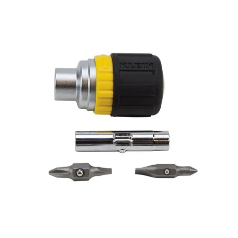 Compact Six In One Stubby Ratcheting Screwdriver With Phillips And Slotted Bits Plus One Quarter Inch And Three Sixteenth Inch Nut Drivers Cushioned Grip For Maximum Torque And Comfort Pro Grade Ideal For Tight Spots From Klein Tools parts view.