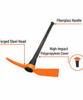 Heavy Duty Pick Mattock With A 5 Lb Forged Carbon Steel Head And 36 Inch Fiberglass Handle For Tough Digging And Breaking Ground With A 110 Mm Chisel Model TP 5F 18640, highlighted steel head, and labeled handle