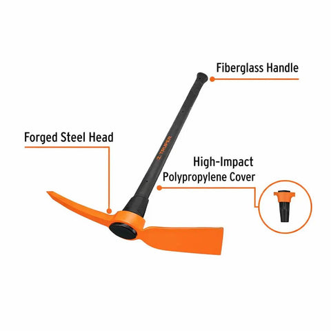 Heavy Duty Pick Mattock With A 5 Lb Forged Carbon Steel Head And 36 Inch Fiberglass Handle For Tough Digging And Breaking Ground With A 110 Mm Chisel Model TP 5F 18640, highlighted steel head, and labeled handle