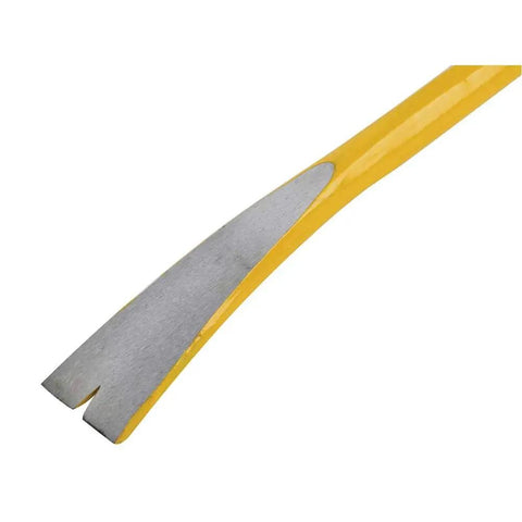 Close-up of the prying edge of 42 Inch Spring Steel Wrecking Bar With Precision Ground Edges Wider Prying Edge Flat Striking Faces And Lightweight Design For Demolition Construction And Prying Tasks.