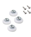Top Shelf Hella Smooth 4 Pack Sliding Shower Door Rollers Featuring 3/4 Inch Convex Nylon Wheels And Ultra Quiet Ball Bearings For Glass Tub Track Replacement Includes Screws - White nylon wheels and metal screws.