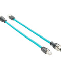 M12 X Code To RJ45 Bulkhead Panel Mount Ethernet Cable CAT6A Beefy Shielded High Flex For Industrial Vision And GigE Vision Cameras, Machine Vision, PoE Sensors, PLCs And Robotics, IP67 Protected, 0.3m Length. Blue cable with M12 and RJ45 connectors