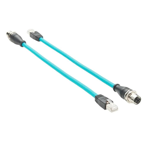 M12 X Code To RJ45 Bulkhead Panel Mount Ethernet Cable CAT6A Beefy Shielded High Flex For Industrial Vision And GigE Vision Cameras, Machine Vision, PoE Sensors, PLCs And Robotics, IP67 Protected, 0.3m Length. Blue cable with M12 and RJ45 connectors