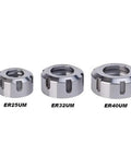 Badass Heavy Duty Collet Clamping Nut For Lathes And Cnc Gear Er11 To Er32 M40x1.5 Threads Toughened Steel showcased in sizes ER25UM, ER32UM, ER40UM.
