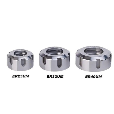 Badass Heavy Duty Collet Clamping Nut For Lathes And Cnc Gear Er11 To Er32 M40x1.5 Threads Toughened Steel showcased in sizes ER25UM, ER32UM, ER40UM.