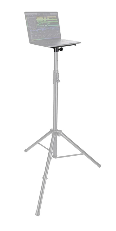 Pole Mount Shelf For 35mm Stands Turns Your DJ Pro Audio Rig Into A Solid Laptop Projector Or Monitor Shelf With A Sturdy 9.45 By 9 Inch Platform And 66 Lb Capacity supporting a laptop on a stand.