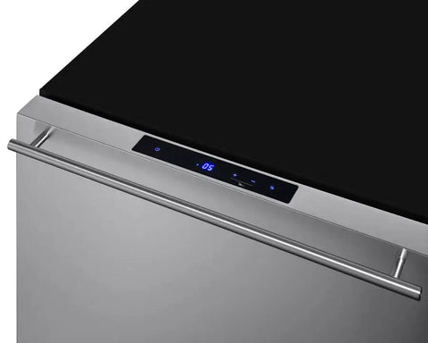 Top view of Tough As Nails 24 Inch Dual Drawer Outdoor Freezer controls and stainless steel handle.