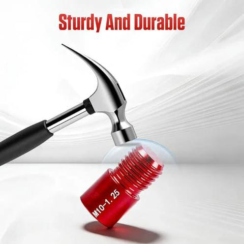 Hammer striking a red metal threaded bolt insert marked M10 x 1.25