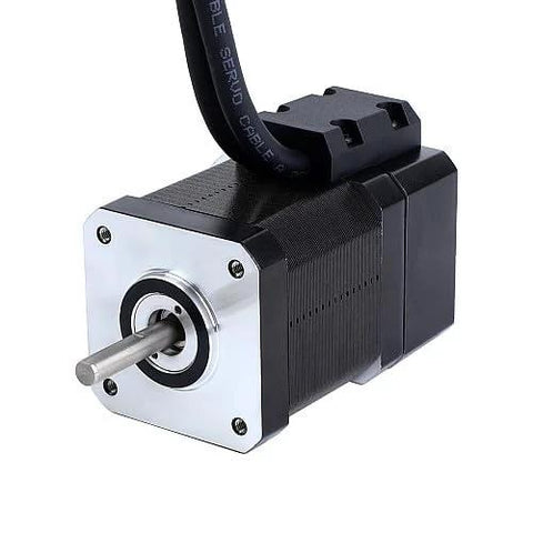Stepper motor NEMA 17 closed-loop, front view with silver faceplate and black housing, cable attached
