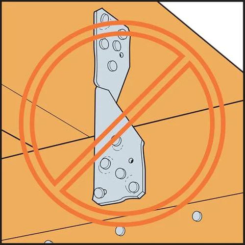 Incorrect installation of Hurricane Tie H2.5A 18 Gauge Galvanized Structural Tie with embossed bend lines shown in diagram