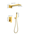 Shower System with Waterfall Rainfall Head, Handheld, Wall-Mounted Faucet in gold finish, dimensions labeled for easy reference.