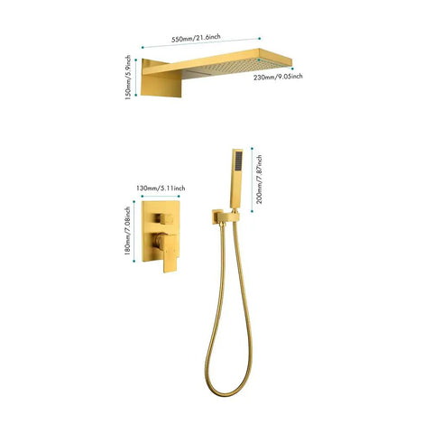 Shower System with Waterfall Rainfall Head, Handheld, Wall-Mounted Faucet in gold finish, dimensions labeled for easy reference.