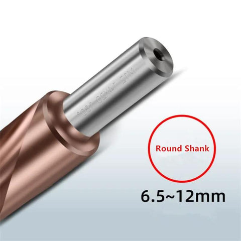 Close-up of two-stage M35 HSS-Co cobalt drill bit with round shank, 6.5–12 mm for stainless drilling