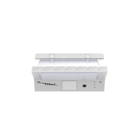 Front view of Solar Motion Sensor Outdoor Light, LED Flood Security Lighting In Stainless Steel for yard, patio, garage, porch.