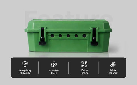 Badass Heavy Duty Outdoor Electrical Box With IP54 Weatherproof Rating And A Hella Tough Rubber Gasket Seal To Keep Wire Connections Safe And Dry In Rain Snow Or Dust Green, front view with latch.